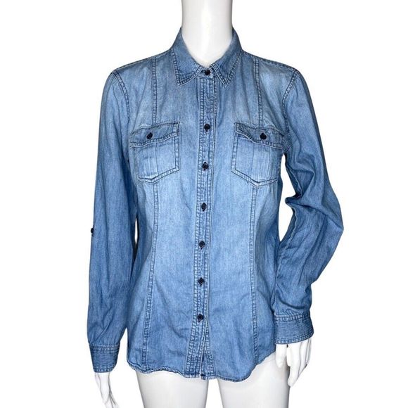 Sandra Ingrish Shirt Womens Medium Blue Denim‎ Fitted Button Up Western Casual - Picture 1 of 8